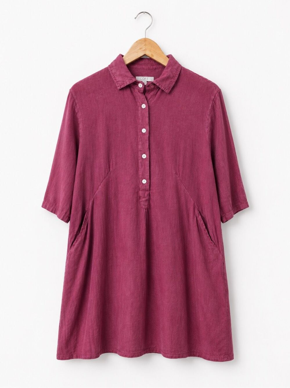 Elena Baldi Italian Linen Shirt Dress Pink Short Sleeve Collared XS Pockets
